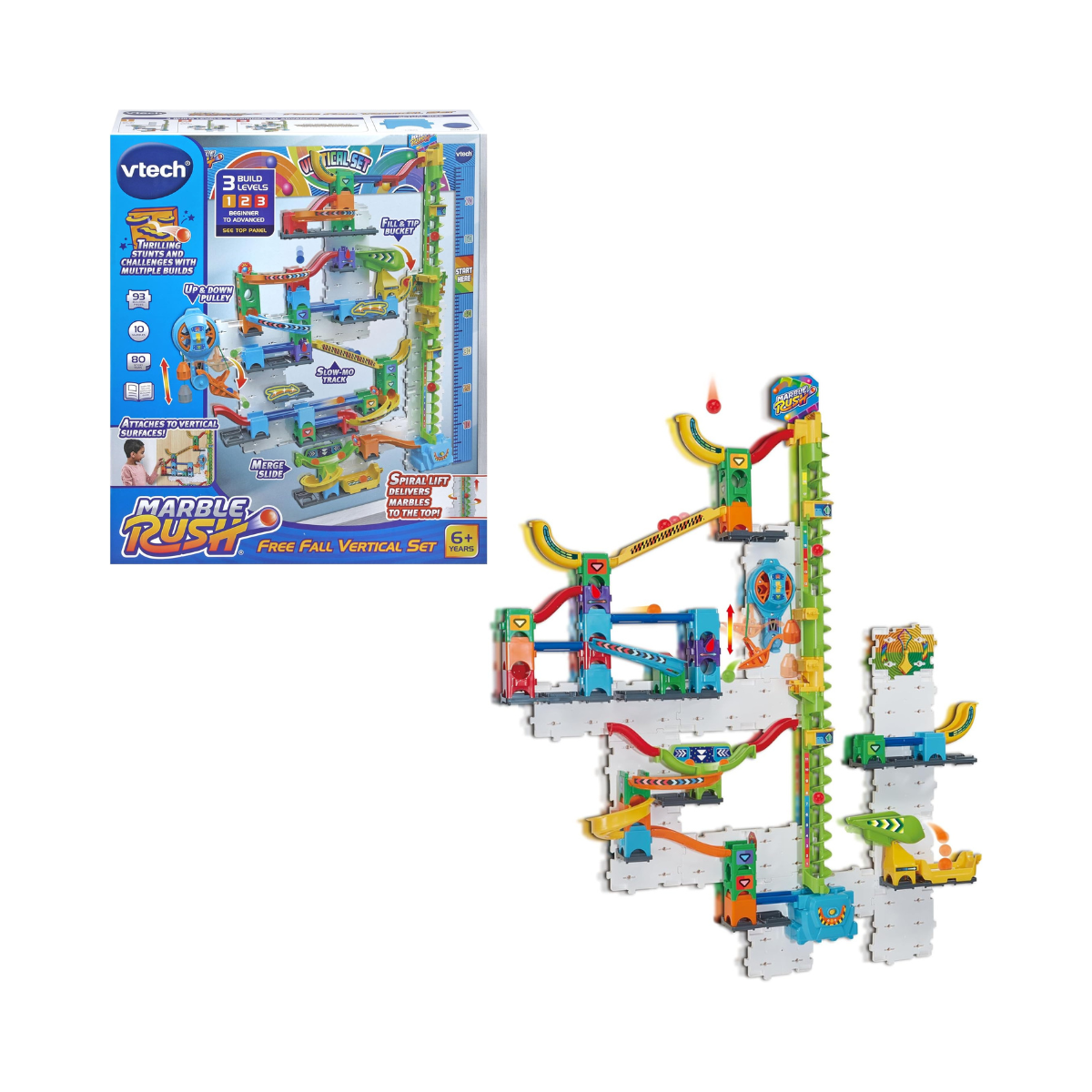 VTech Marble Rush Free Fall Vertical Set, Construction Set for Kids, 93 Building Pieces & 10 Marbles, Interactive Building Toy, Suitable for Ages 6, 7, 8+ Years, English Version