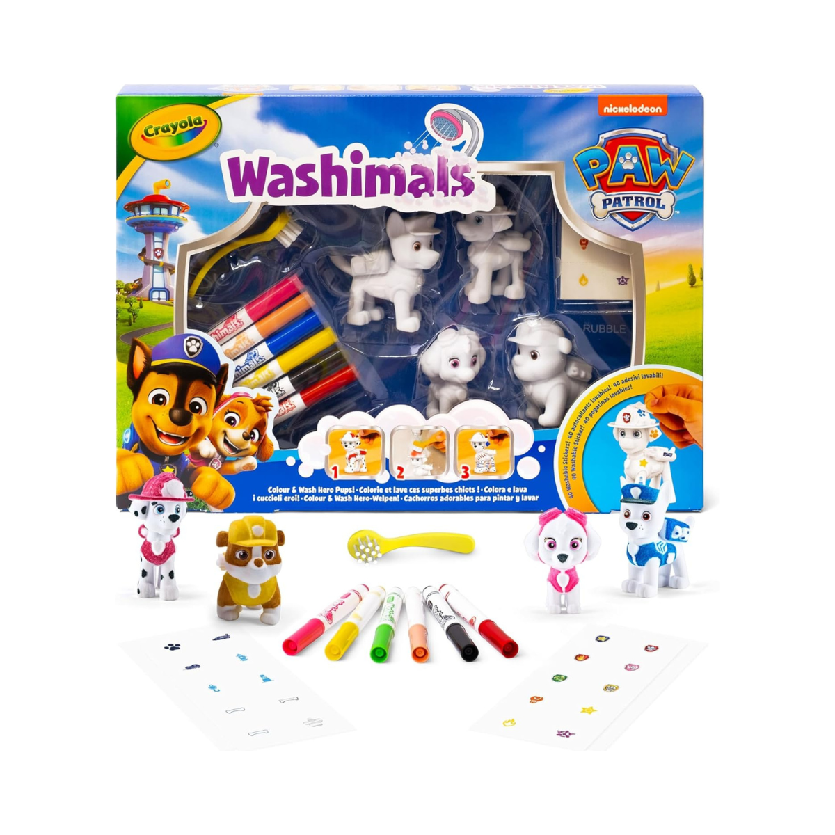 CRAYOLA - Washimals Paw Patrol Activity Set with 4 Puppies, 6 Washable Markers, 40 Stickers and Brush, Toy and Gift for Children, from 3 Years