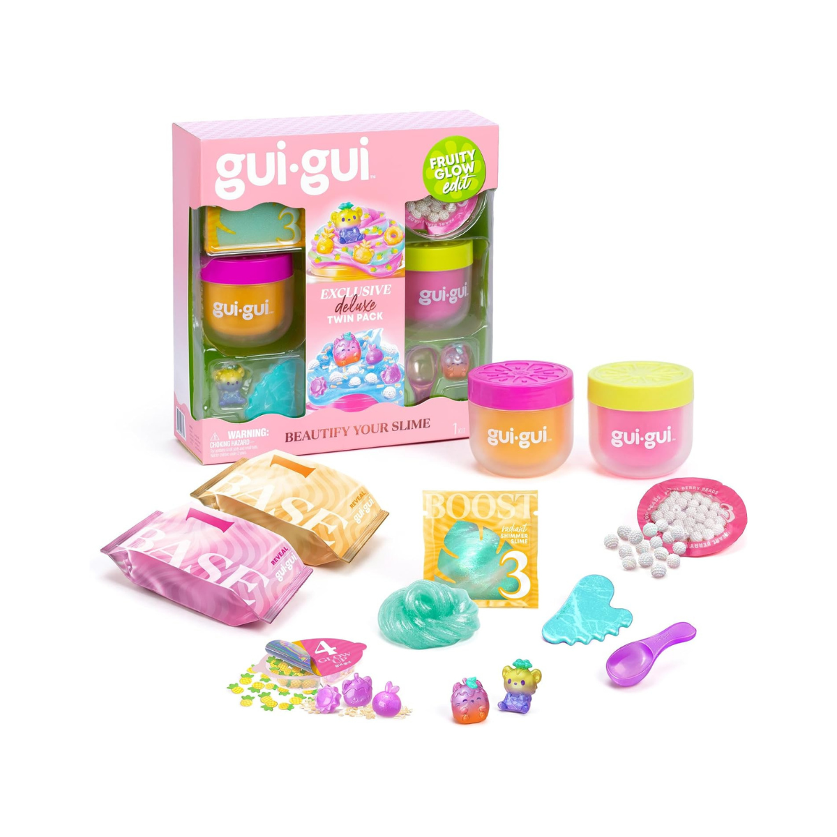 GUI GUI Fruity Glow Deluxe Twin Pack Slime Kit, 2 Scented Slimes Jelli & Clear with Gua Sha and Scoop Tools, 5-Step Beauty Ritual Sensory Toy for Kids, Ages 6+