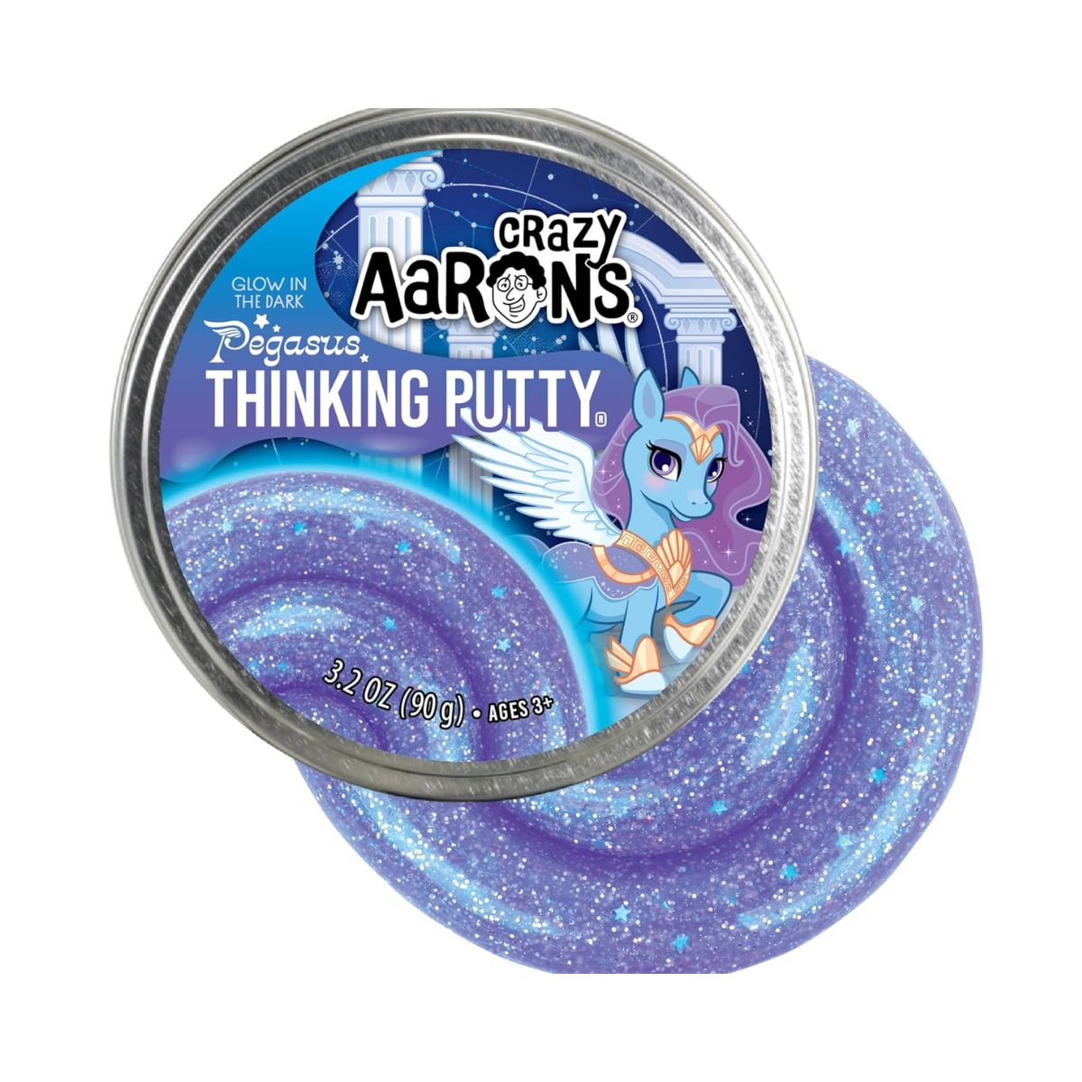 Crazy Aaron’s Pegasus Thinking Putty, Glow in The Dark Purple Glitter Sensory Putty in 4” Tin, Non-Toxic Stretchy Creative Fidget Toy for Kids & Adults Ages 3+