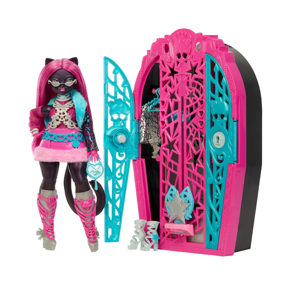 Monster High Skulltimate Secrets Hauntlywood Mysteries Catty Noir Doll and Accessories Set with Wardrobe and 19+ Glamorous Surprises Including Doll Clothes, JBG82