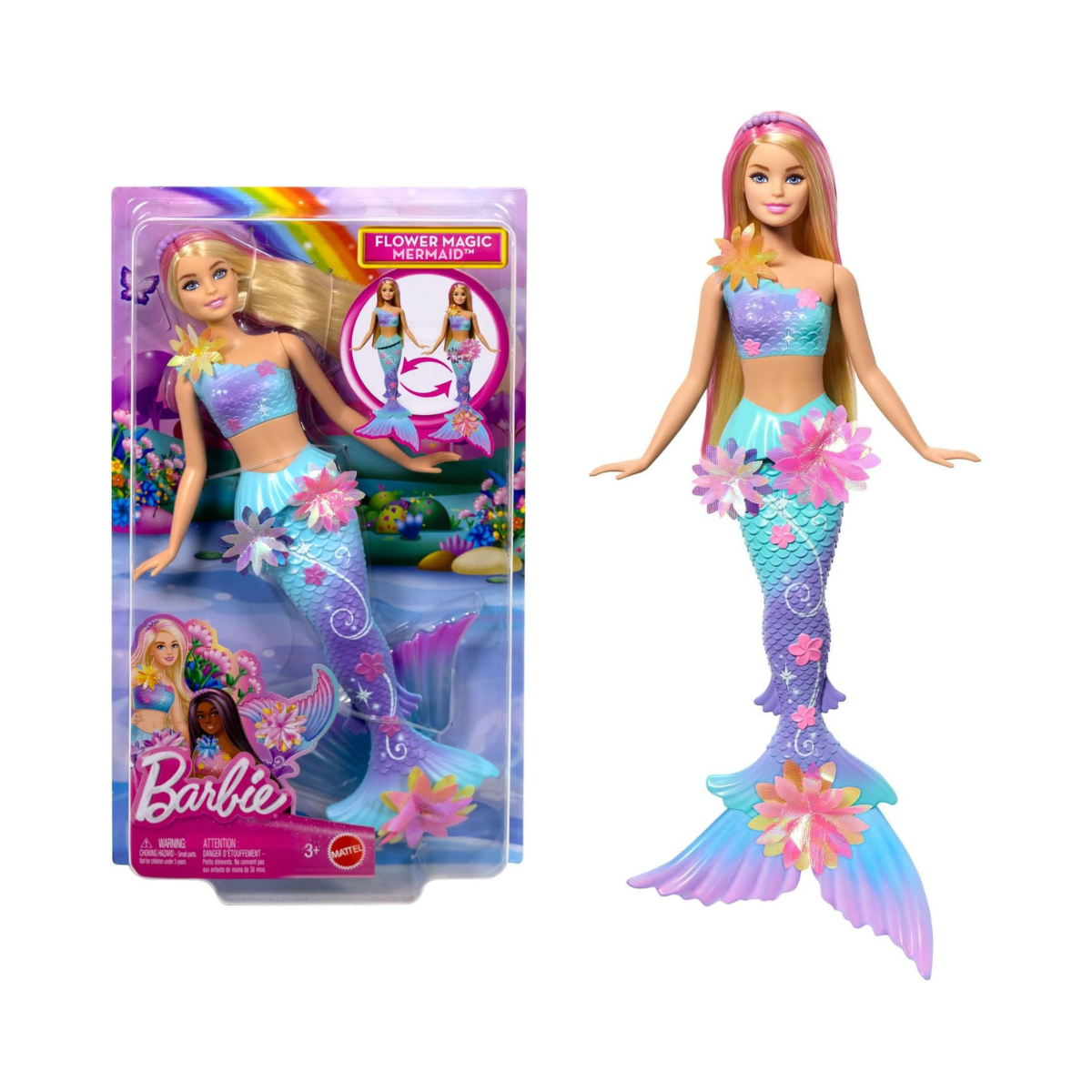 Barbie Mermaid Toy Dolls with Surprise Magic Blooming Flowers Feature, Ombre Tails, Pearl Headband Accessory & Long Blonde Hair with Pink Highlights, JDM72