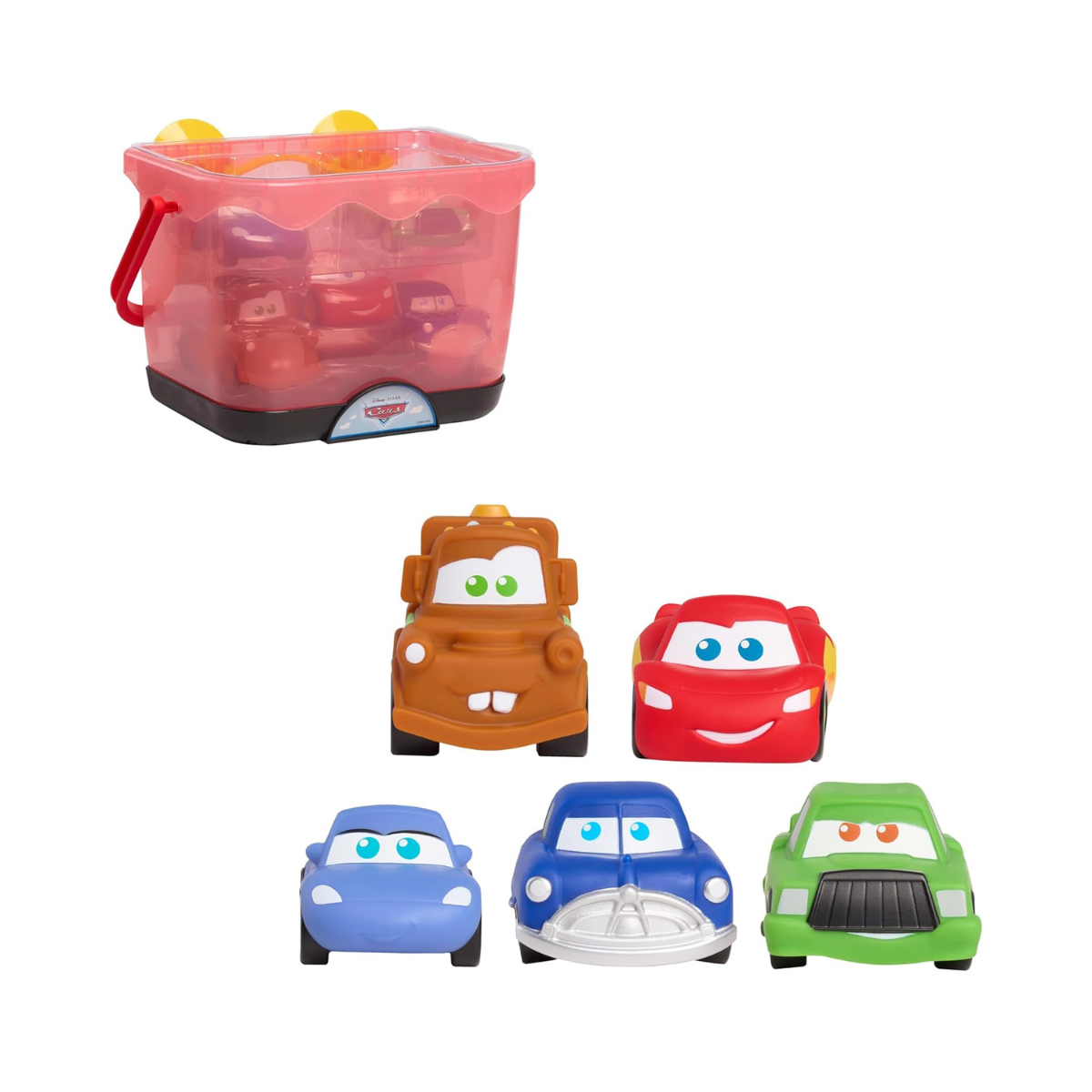 Disney and Pixar Cars Bath Caddy, 6-pieces, 5 Bath Toy Figures Sealed for Safety, Attaches to Wall, Bath Toy for Fans, Girls, Boys, Kids, Ages 3 and Up