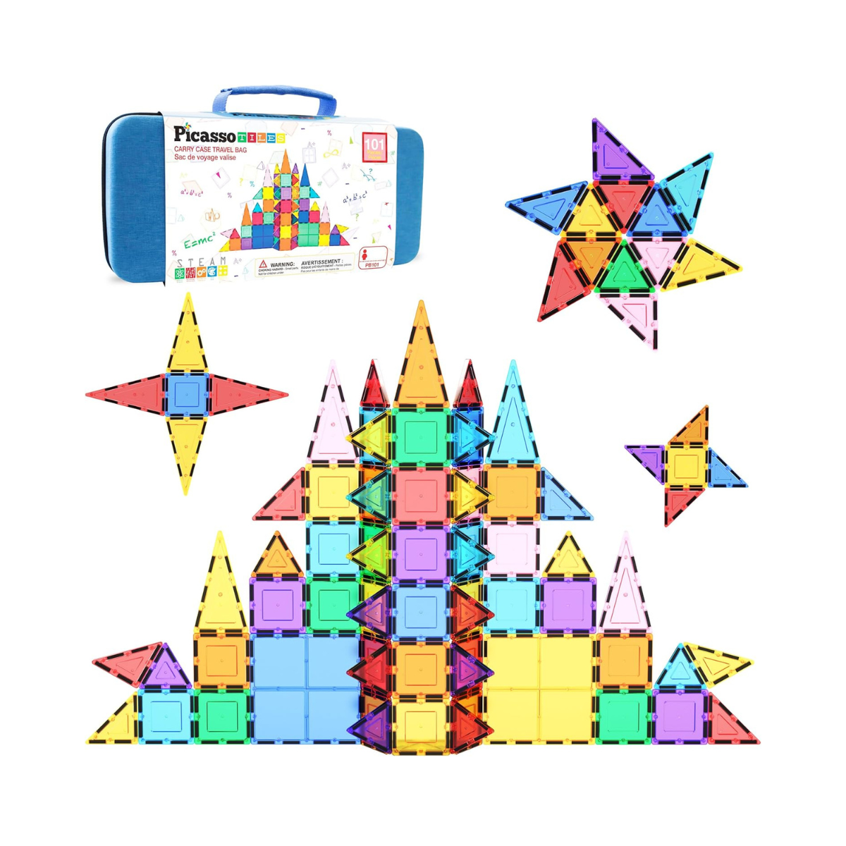 PicassoTiles 101pcs Magnetic Building Block Toy + Case Set Magnet Tile Construction Blocks for Ages 3 and Up Educational Kit Child Brain Development Learning Playset in Portable Travel Carry Bin