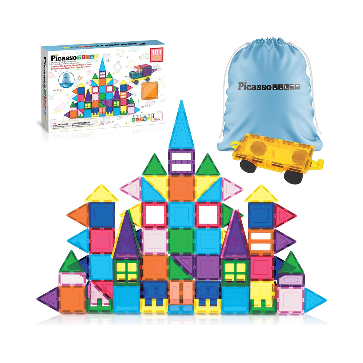 PicassoTiles 101pc Magnetic Tile Building Blocks with Car Base Drawstring Carry Toy Storage Bag Magnetized Block for Kids Magnet ToySet Educational STEM Learning Child Brain Development Ages 3+ PC101