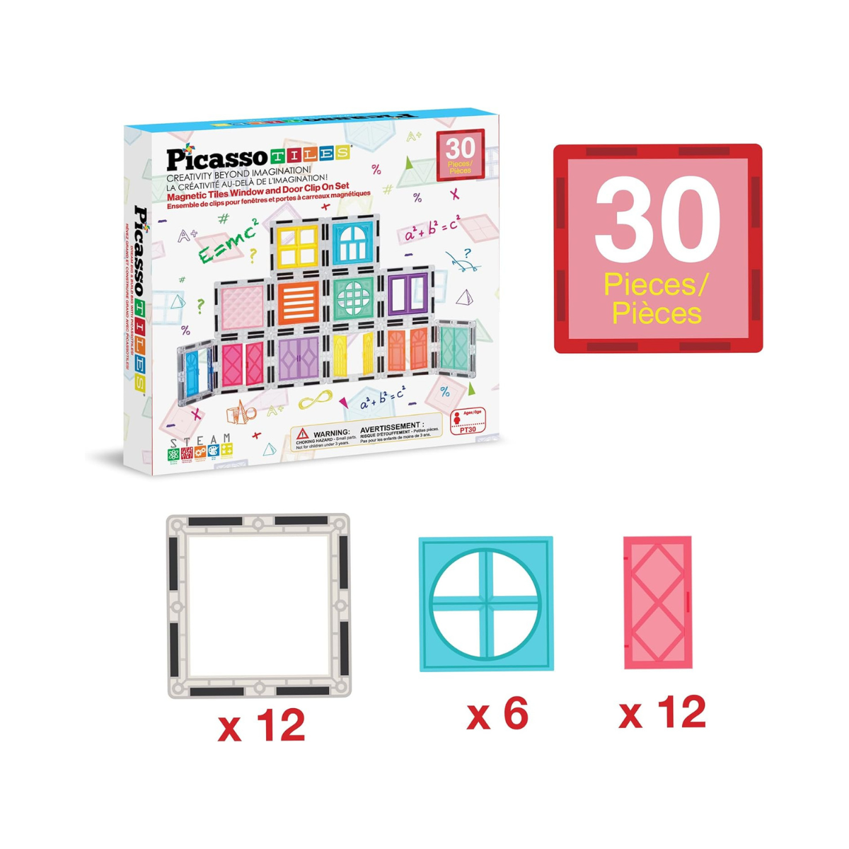 PicassoTiles 30 Piece Window and Door Clip On Magnetic Blocks Magnet Tiles Magnets Building Tile Construction Toy Set STEM Education Toys Learning Kit Stacking Block Playset Boys & Girls Age 3+ PT30