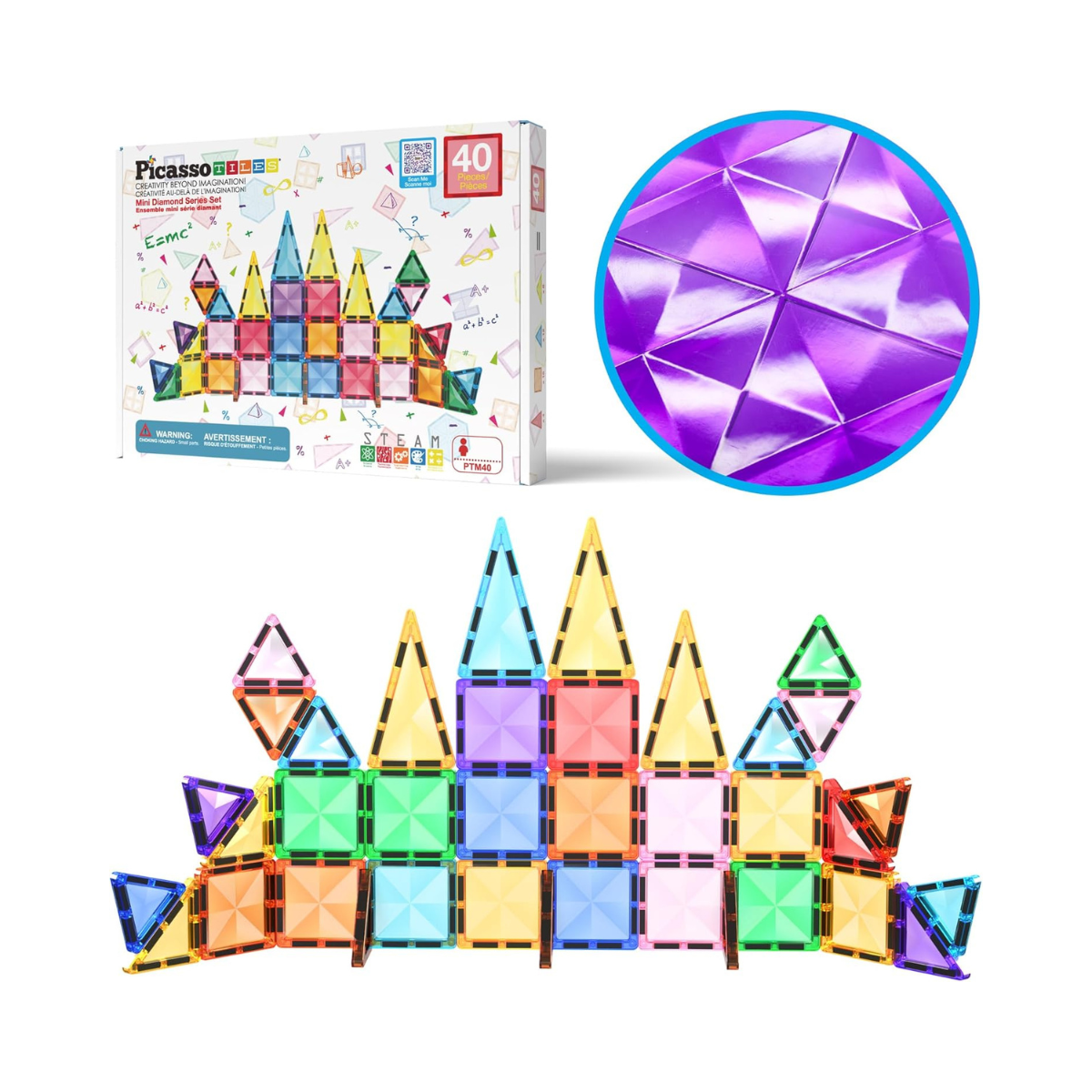 PicassoTiles 60-Piece Magnetic Building Block Mini Diamond Series Travel Size On-the-Go Magnetic Construction Toy Set, Educational Toy Children's Brain Development Stacking Blocks PTM60