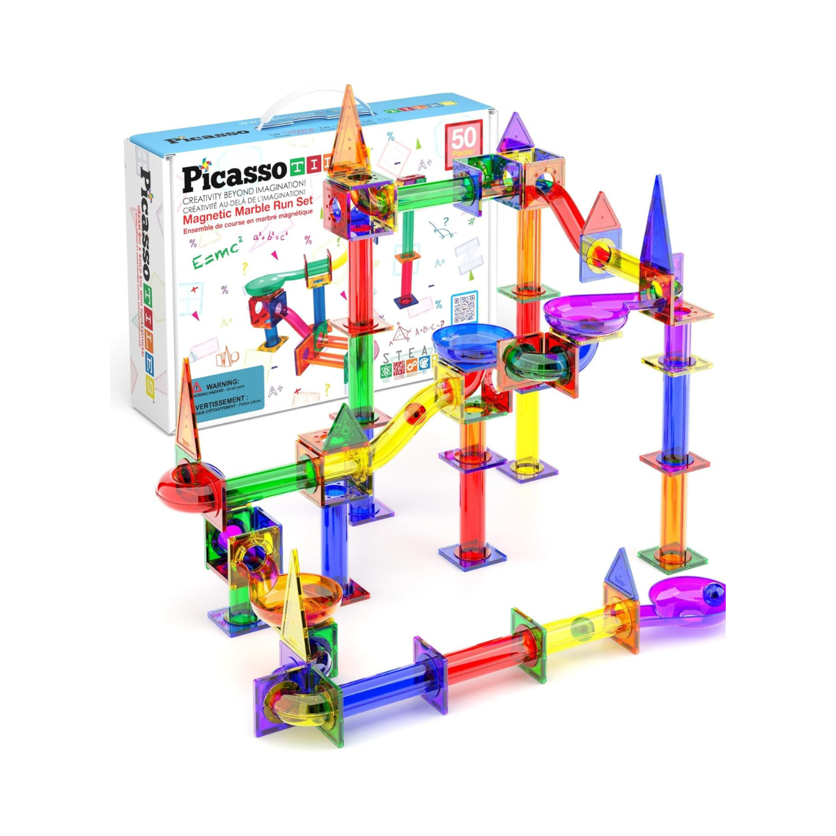 PicassoTiles Marble Run 50-Piece Magnetic Tile Race Track Toy Play Set, STEM Building & Learning, Educational Magnet Construction, Child Brain Development Kit, Boys Girls Age 3 4 5 6 7 8+ Years Old