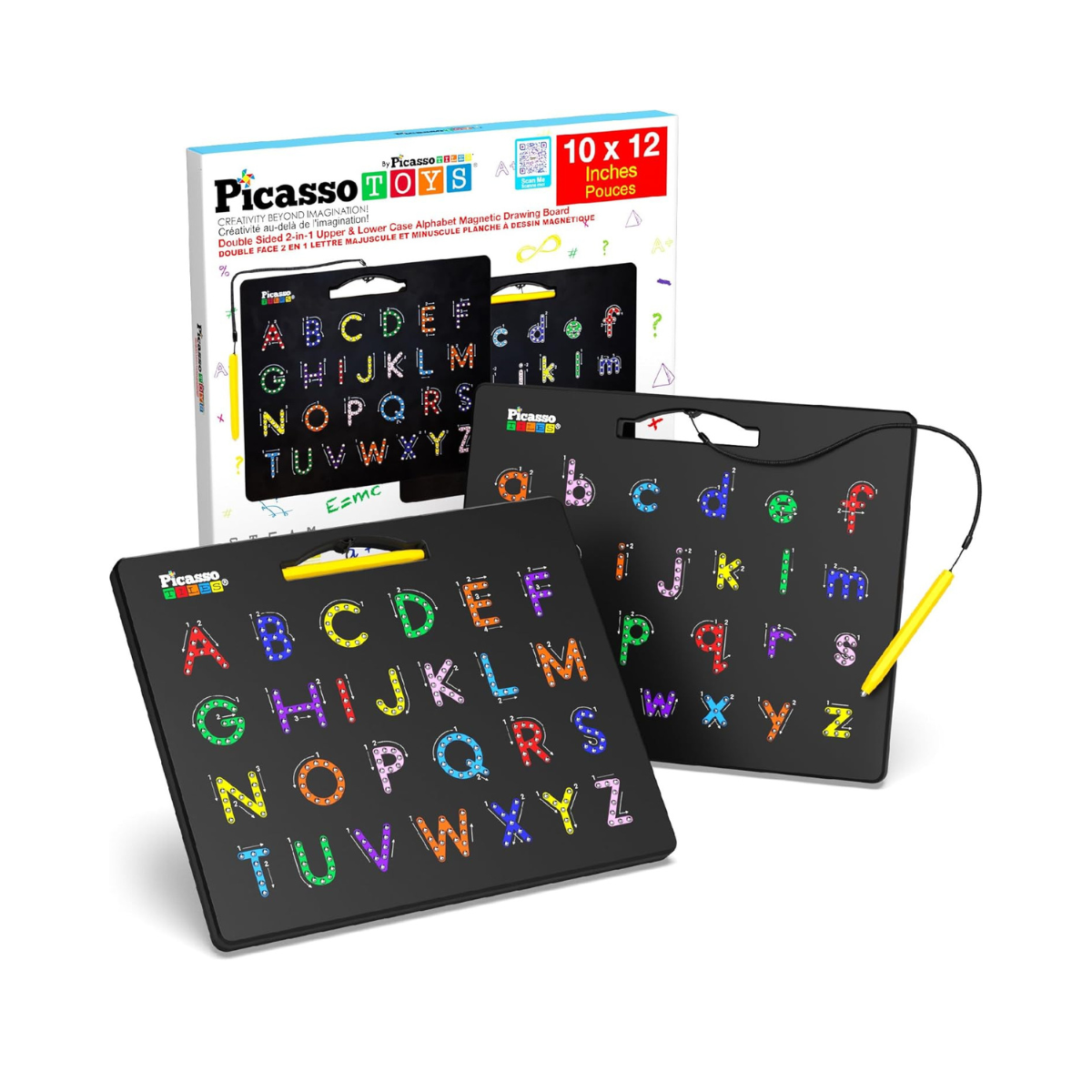PicassoTiles 2-in-1 Double Sided Magnetic Alphabet Board ABC A-Z Upper Case Capital and Lowercase Letter Writing Reading Playboard 12x10 inch Large Magnet Tablet Pad Open-Ended Learning Playset PTB03