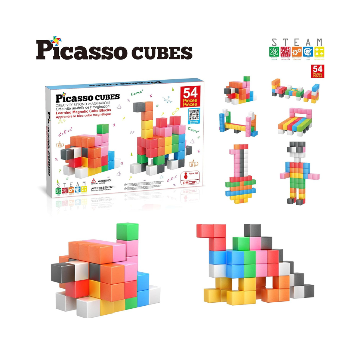 PicassoTiles Magnet Cube Building Blocks 54 Pieces 1.2" 3CM Magnetic Cubes Toy Construction Building Educational Sensory Toys with Idea Booklet for School & Preschool Kids Boys Girls Toddlers PMC301