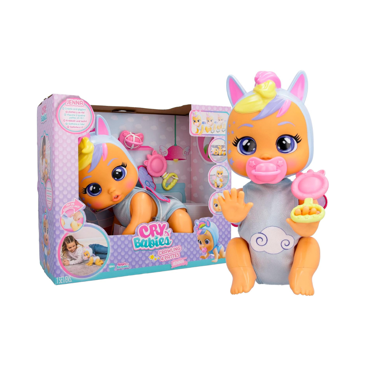 Cry Babies Crawling 4 Pattes Jenna, Crawls & Giggles, With 30+ Baby Sounds, Includes Accessories, 1 Years+