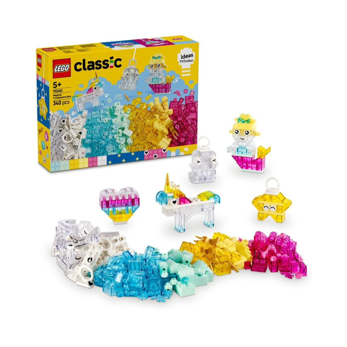 LEGO Classic Magical Transparent Box - Colorful Building Bricks & Keyring Clips Set - Create Tiny Toy Unicorns, Dragons, Penguins & More Figures - Kids' Arts & Crafts Kit for 5+ Year Old Girls - 11040