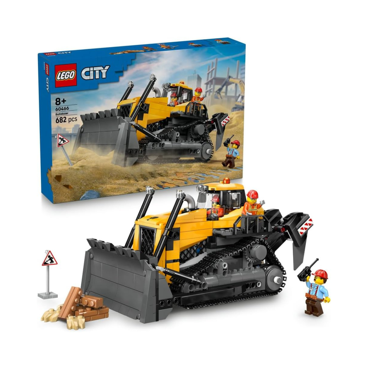 LEGO City Yellow Bulldozer Toy - Large Construction Vehicle Building Set - incl. 3 Minifigures plus Loose Bricks & Road Signs - Birthday Gift for 8+ Year Old Boys - 60466