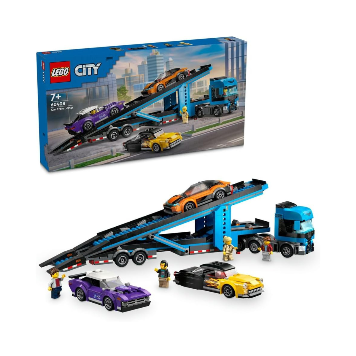 LEGO City Car Transporter Truck with Sports Cars, 4 Vehicle Toy Set for 7 Plus Year Old Kids, Boys & Girls, with Trailer and 4 Minifigures for Imaginative Play, Creative Gift Idea 60408