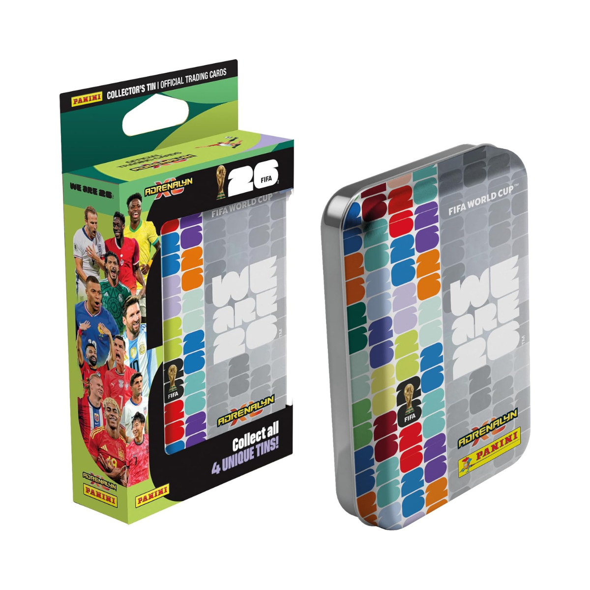 Panini FIFA World Cup 2026 Adrenalyn XL Mini Tin, 4 Trading Card Packets with 3 Limited Edition Gold Cards, Official Football Collectible Cards, Assorted Tin, Ages 6+