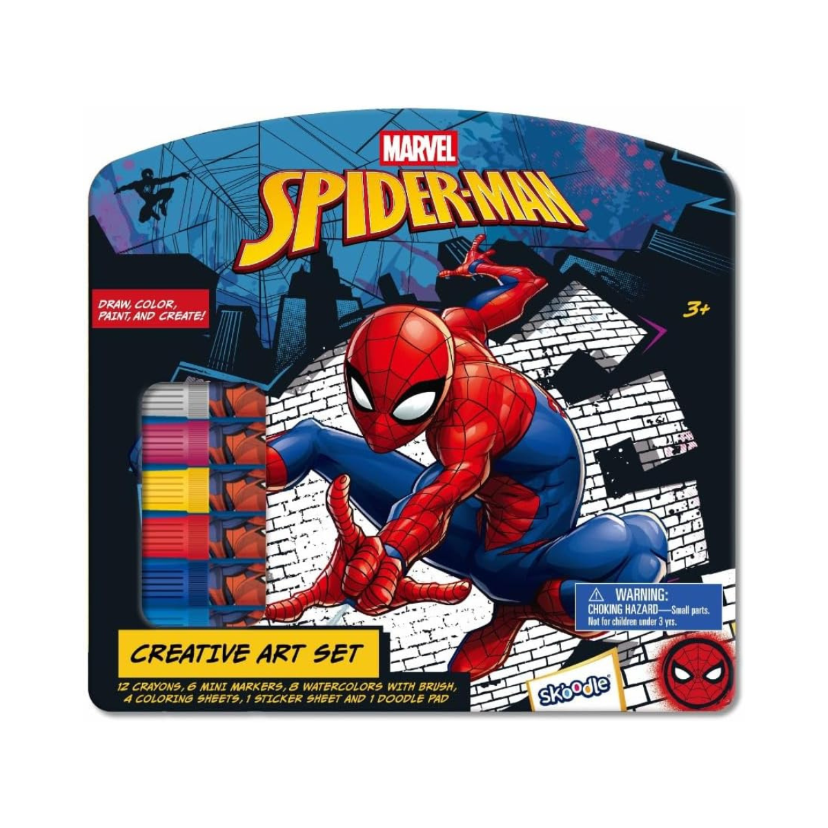 Marvel Spider-Man Creative Art Set for Kids - All-in-One Portable Tin Art Kit with Crayons, Markers, Watercolor Paint, Doodle Pad, and Coloring Sheets - Fun Travel Gift for Ages 3+