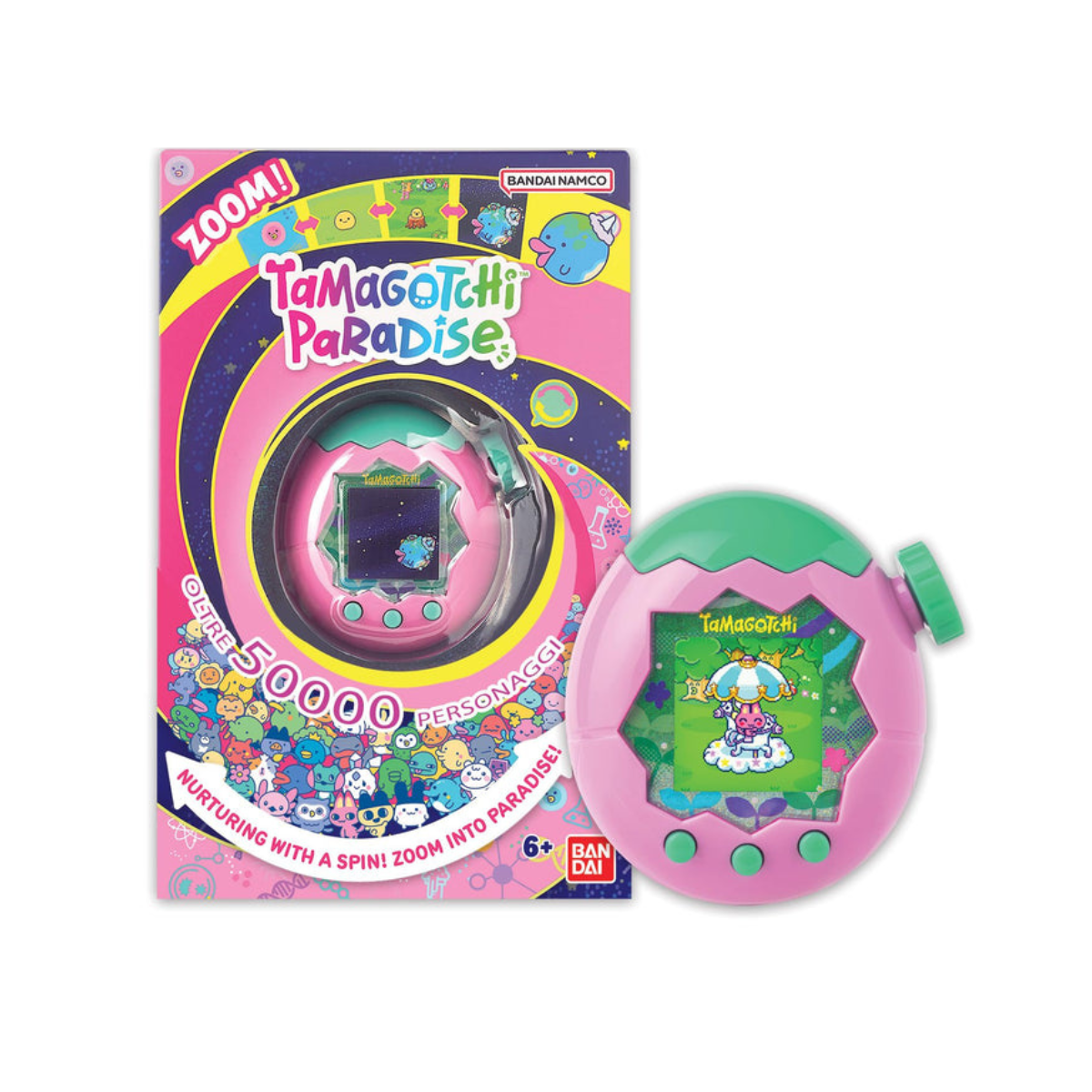 Bandai - Tamagotchi Paradise Earth - Virtual Pet to Wind Up - Tamagotchi Interactive Toy in German, Zoom - Model Earth in Pink and Green - Toy for Children from 6 Years - 43421