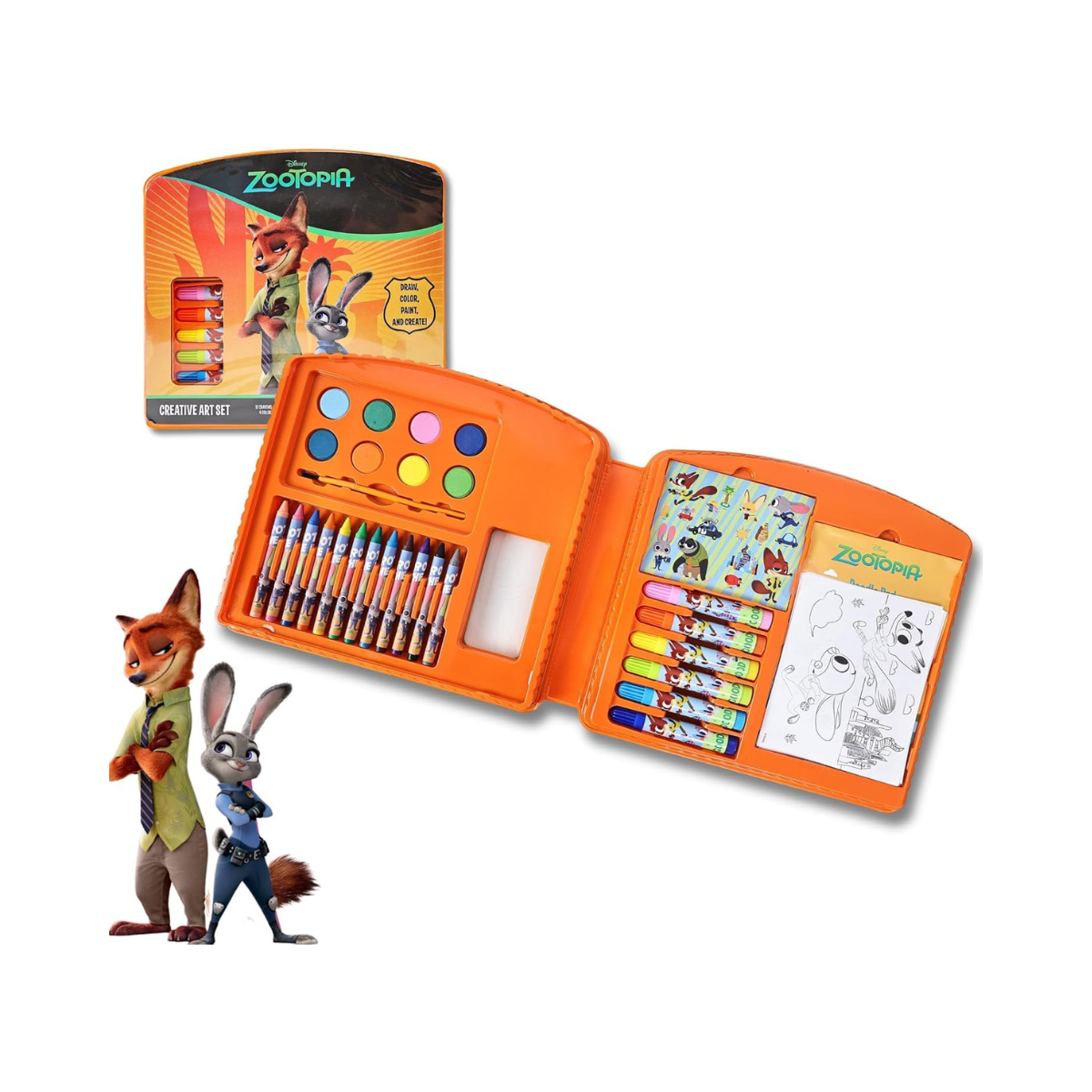 Disney Zootopia Creative Art Set for Kids - All-in-One Portable Tin Art Kit with Crayons, Markers, Watercolor Paint, Doodle Pad, and Coloring Sheets - Fun Travel Gift for Ages 3+