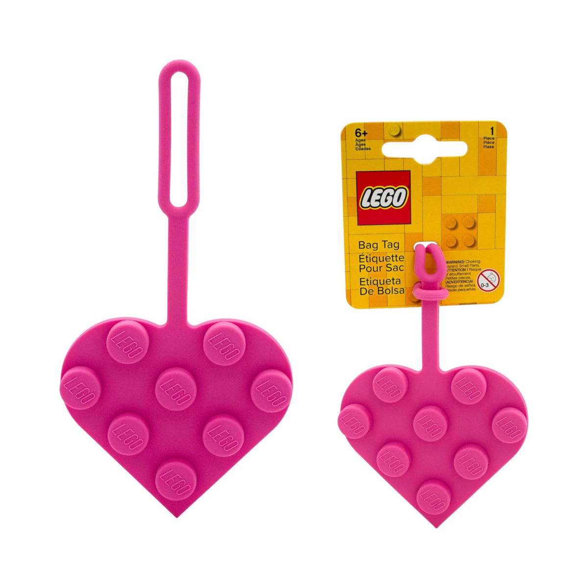 LEGO 3x3 Heart Silicone Bag Tag - Pink (53692), Silicone, Luggage tag for Travel, Spring Break, Vacation, Cruise, School Backpack Charm, Easter Basket Stuffer