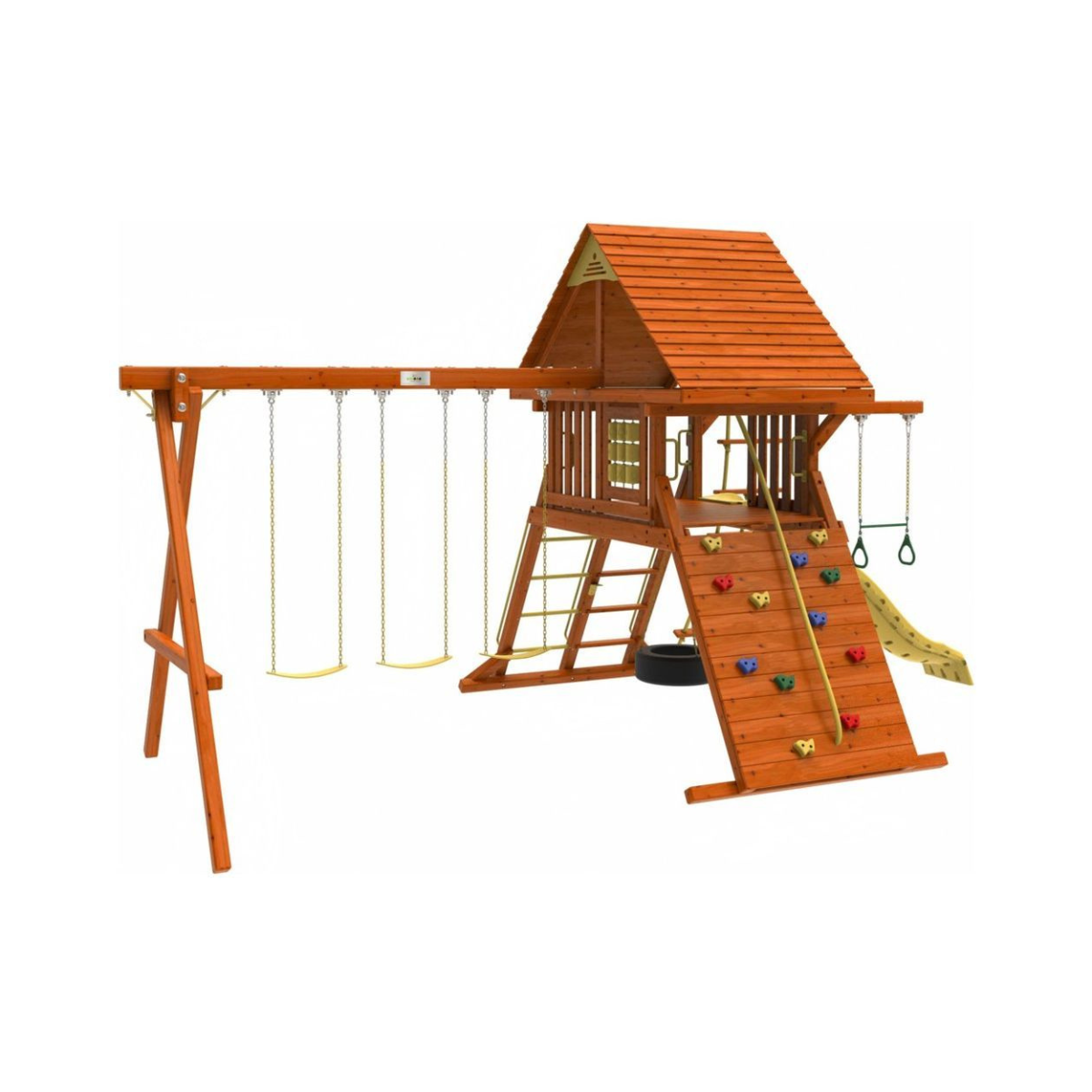 Kiddoro Discovery Den Wooden Swing Set, Backyard Adventure Playset with Swings, Slide, Climbing Wall & Clubhouse, Kids 2+ Years
