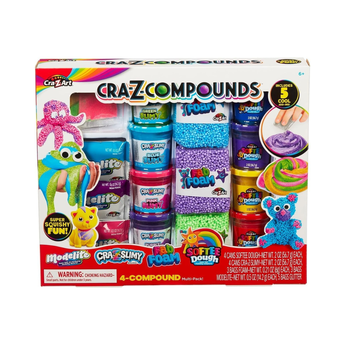 Cra-Z-Slimy 60066 Slime Compound 4-Pack Toy, Includes Softee Dough, Cra-Z Slimy, Fab Foam, Modelite, Glitter Add-Ins, Sensory Play Kit for Kids 6+