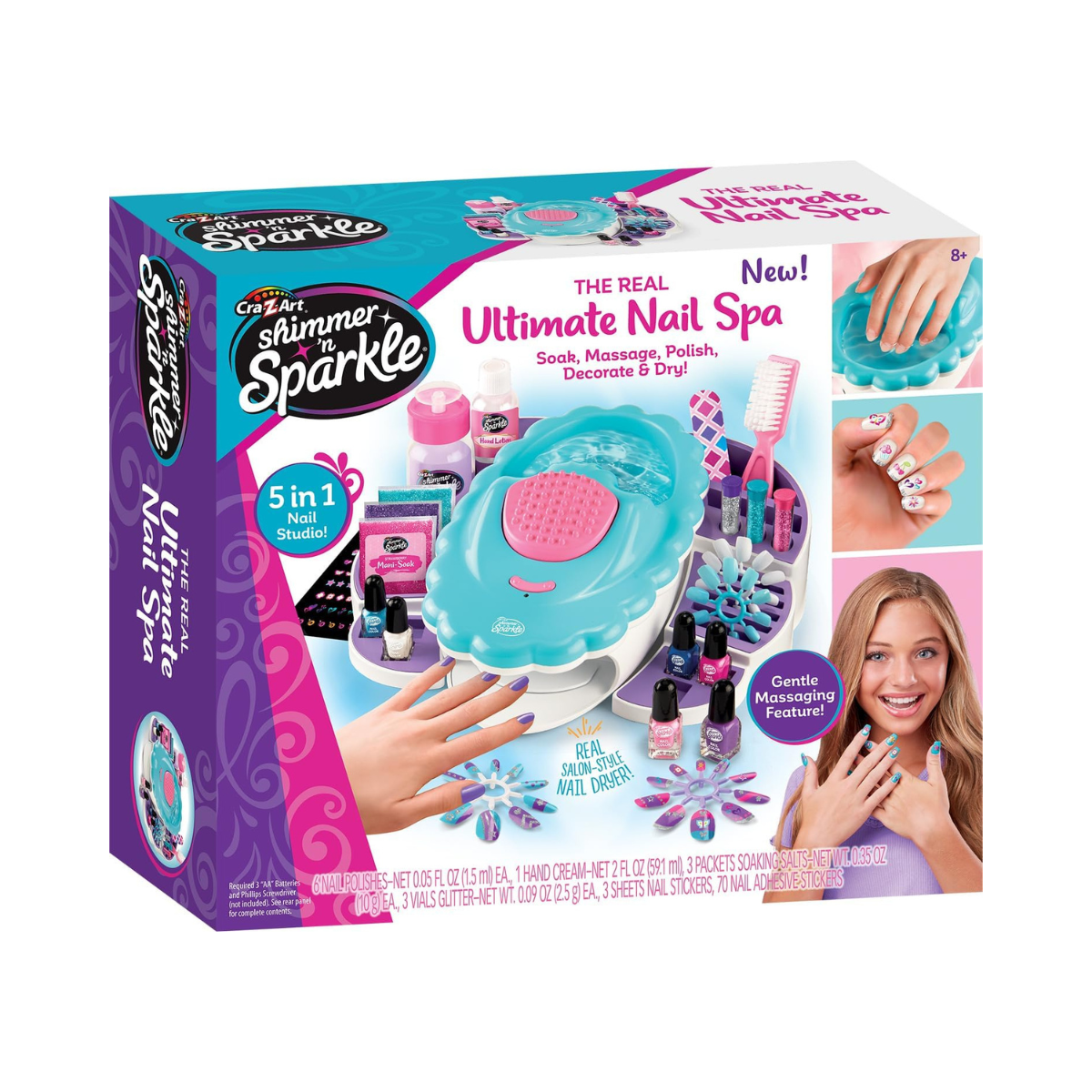 Shimmer and Sparkle Crazart Ultimate Nail Spa Set For Kids Teens, 5In1 Studio, Soak, Massage, Polish, Decorate Dry, Multicolor, Sns-65506