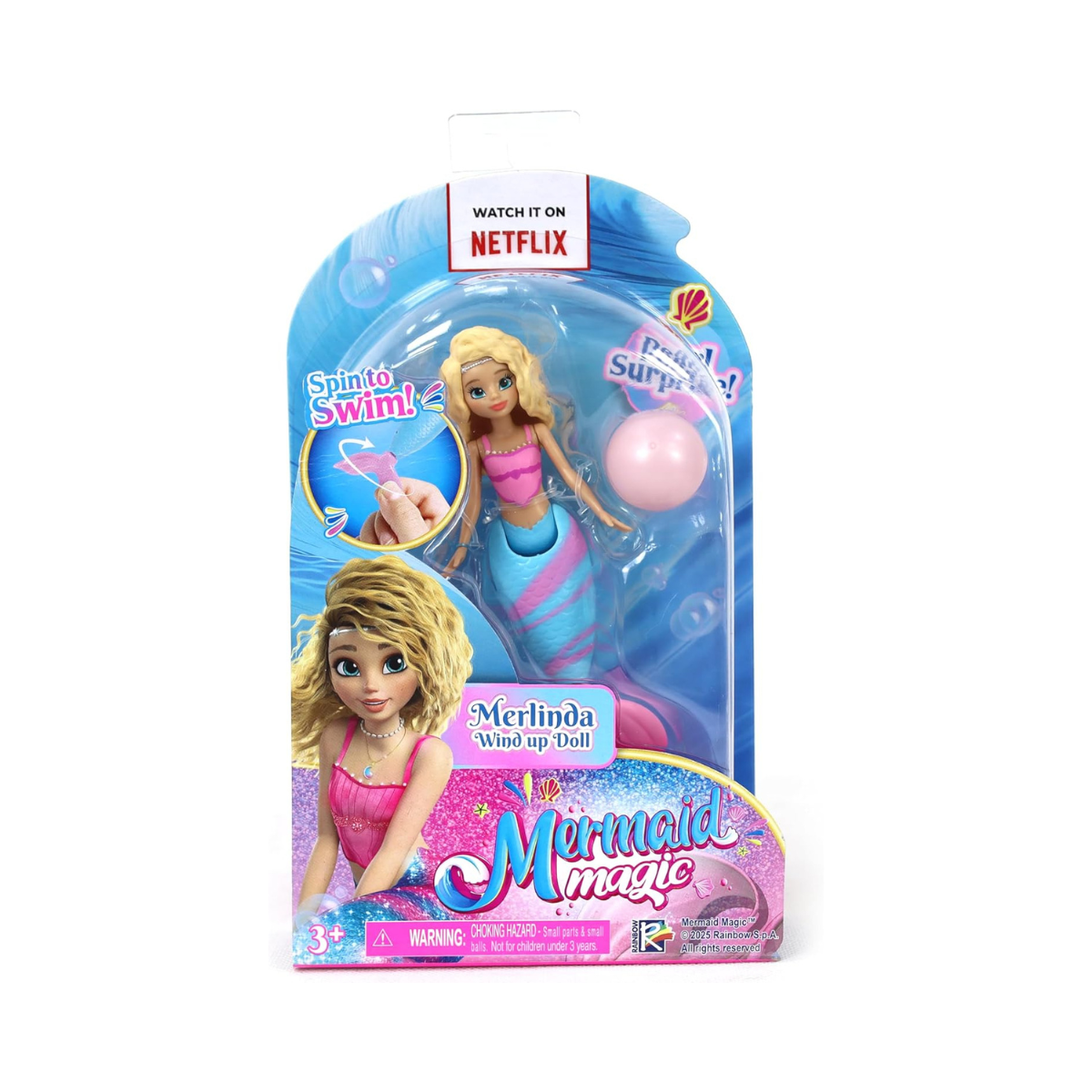 Mermaid Magic Windup Doll 5-Inch Merlinda, Pearl Surprise, Spin to Swim, Action Doll, Bath Time & Pool Toy, Gift, Mermaid Dolls, Collectible, 3 Years+