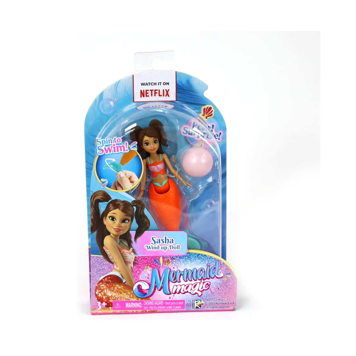 Mermaid Magic Windup Doll 5-Inch Sasha, Pearl Surprise, Spin to Swim, Action Doll, Bath Time & Pool Toy, Gift, Mermaid Dolls, Collectible, 3 Years+