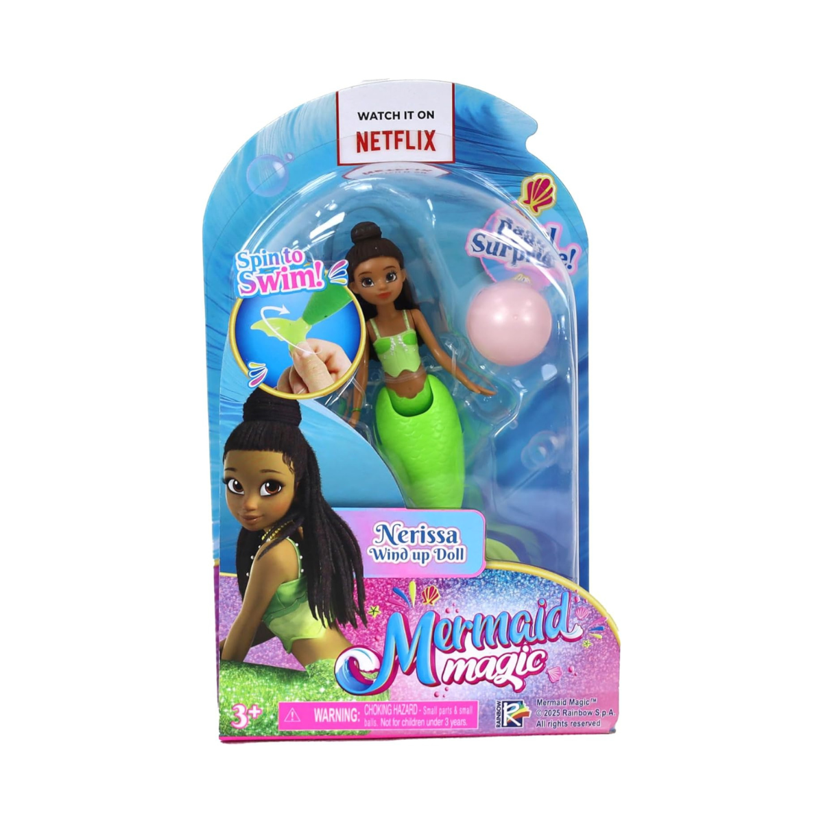 Mermaid Magic Windup Doll 5-Inch Nerissa, Pearl Surprise, Spin to Swim, Action Doll, Bath Time & Pool Toy, Gift, Mermaid Dolls, Collectible, 3 Years+