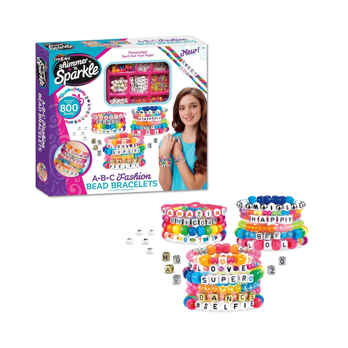 Cra-Z-Art Shimmer N Sparkle ABC Bead Bracelet Kit with 700+ Alphabet & Fashion Beads, Cords, Charms for Girls & DIY Jewelry Craft Set for Kids- Create Personalized Name Bracelets & Accessories