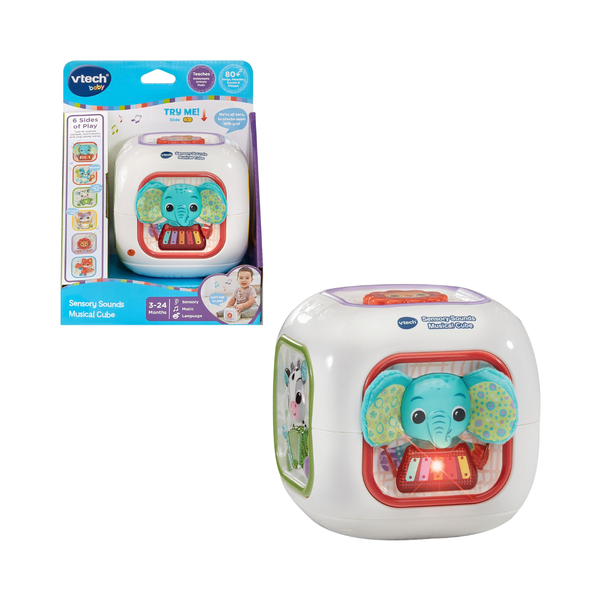VTech Baby Sensory Sounds Musical Cube Interactive Learning Toy with Songs Textures Animals and Instruments Multicolor 3m+