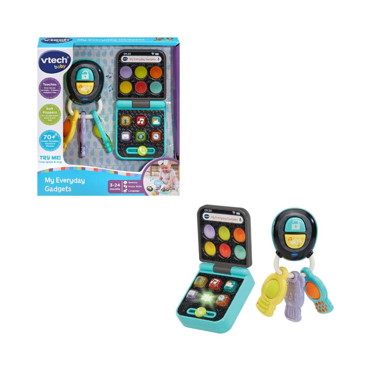 VTech Baby My Everyday Gadgets Pretend Play Phone and Keys Learning Toy with Lights Sounds and Textures Multicolor 3m+