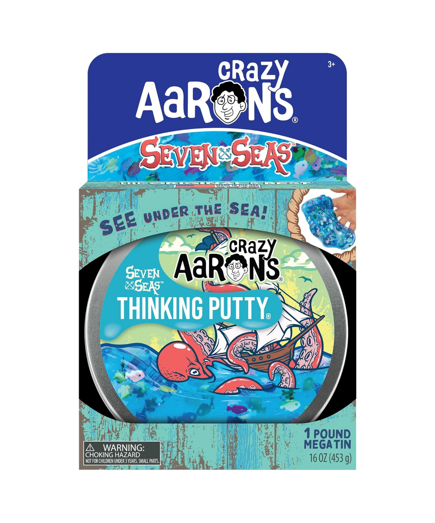 معجون التفكير Mega Tin Seven Seas Thinking Putty من Crazy Aaron، علبة 6.5 بوصة مع 450 جرام من معجون اللعب الحسي غير السام الذي لا يجف أبدًا، لعبة فيدجيت إبداعية ناعمة الملمس للأولاد والبنات من سن 3 سنوات فما فوق