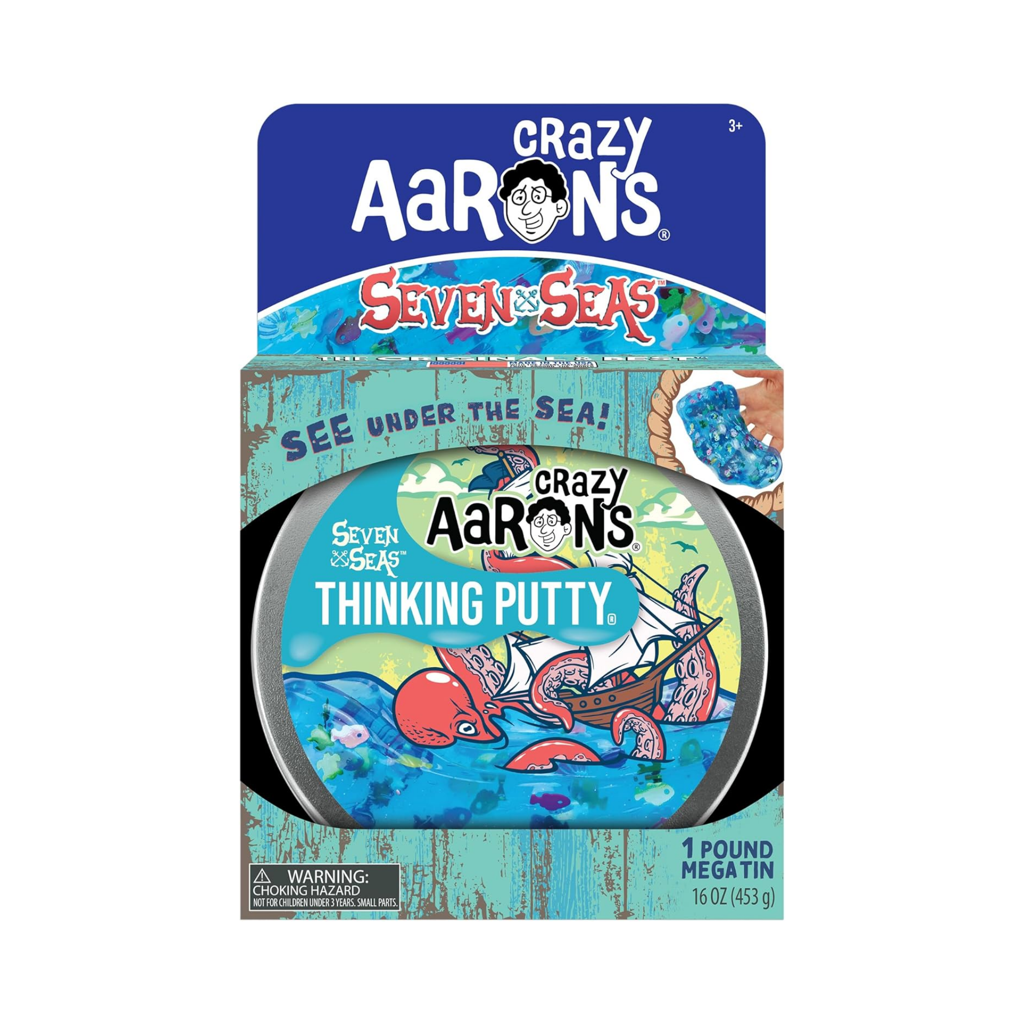معجون التفكير Mega Tin Seven Seas Thinking Putty من Crazy Aaron، علبة 6.5 بوصة مع 450 جرام من معجون اللعب الحسي غير السام الذي لا يجف أبدًا، لعبة فيدجيت إبداعية ناعمة الملمس للأولاد والبنات من سن 3 سنوات فما فوق