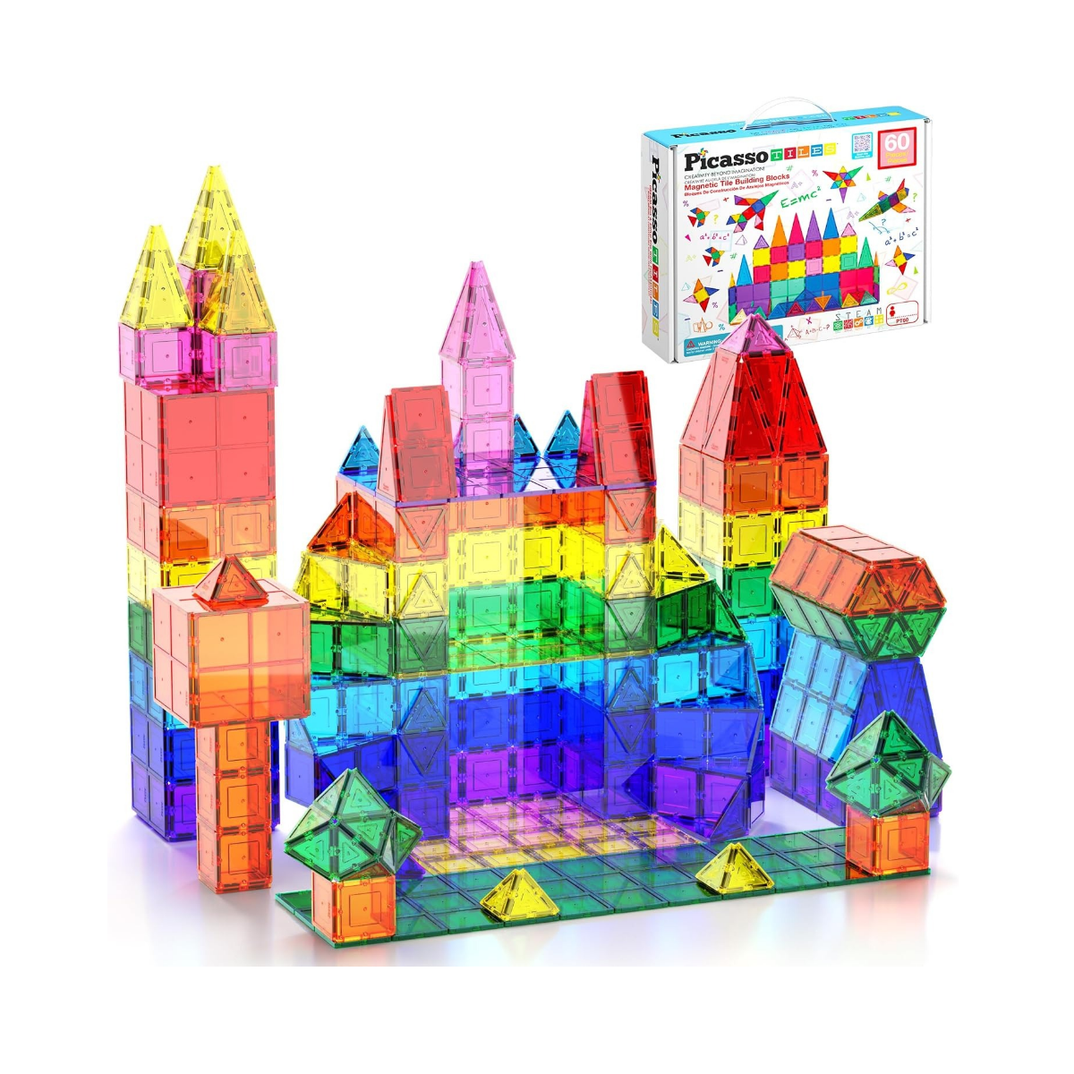 PicassoTiles Magnetic Tiles 60pcs Kids Toys Classroom Sensory Toy for Toddlers STEM Learning Building Blocks, Montessori Pretend Play Magnet Tile Construction Stacking Block Boys Girls Ages 3+ PT60
