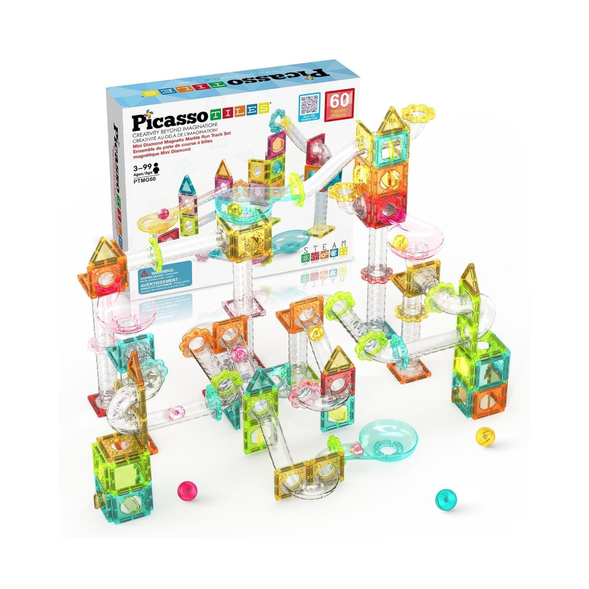 PicassoTiles 60 pc Magnet Tiles Building Block Travel Size Magnetic Marble Run Construction Toy Set Mini Diamond Marble RaceTrack Building Blocks Playset Education STEM Learning Kit Boy Girl 3+ PTMG60