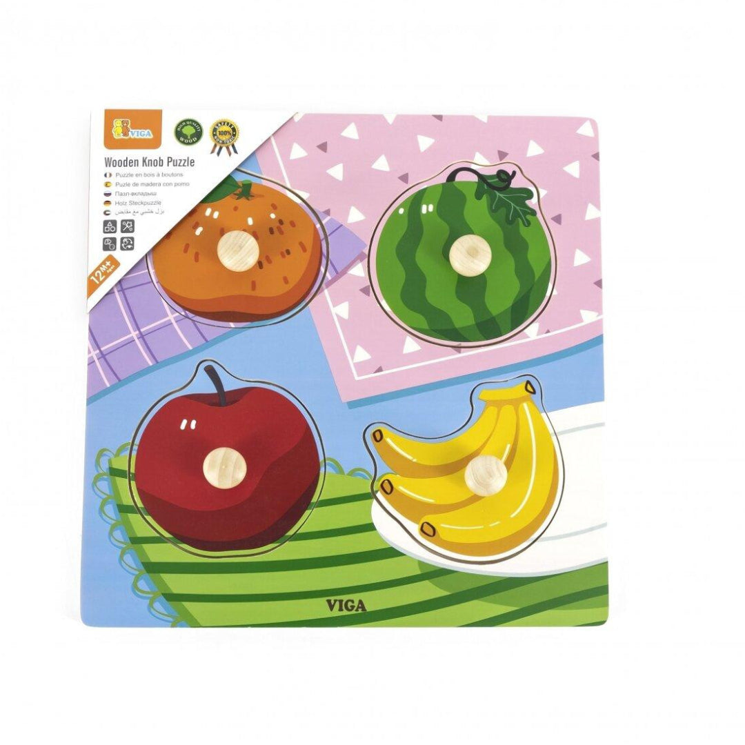 Viga Fruits, 4 Piece Knob Puzzle, Montessori Wooden Toy, Develops Sensory, Cognitive & Fine Motor Skills, Non-Toxic & Eco-friendly Kids Educational Toy, Suitable for Boys & Girls Aged 12M+