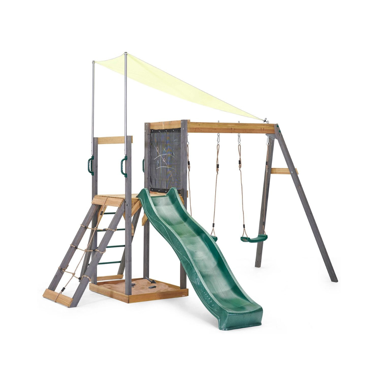 Plum® Siamang Wooden Playcentre, Swing and Slide Set, FSC® Certified Climbing Frame with Sandpit & Sunshade, Outdoor Play Set, Ages 3+