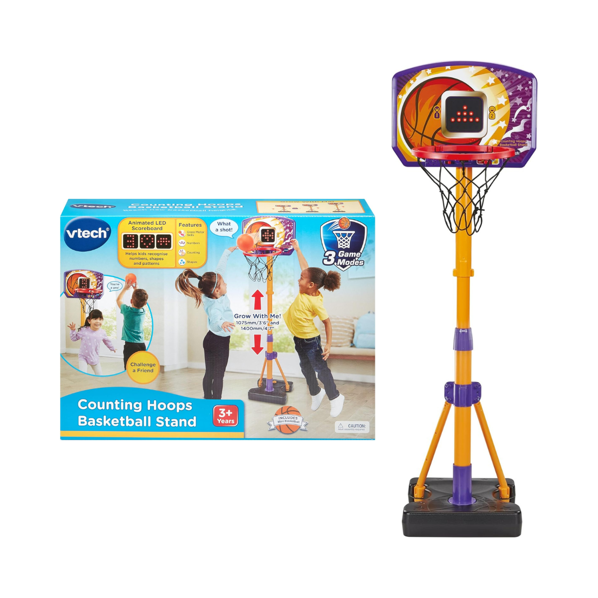 VTech Counting Hoops Basketball Stand – Adjustable Interactive Hoop with LED Screen & 3 Games, Toddler Toy for Ages 3+