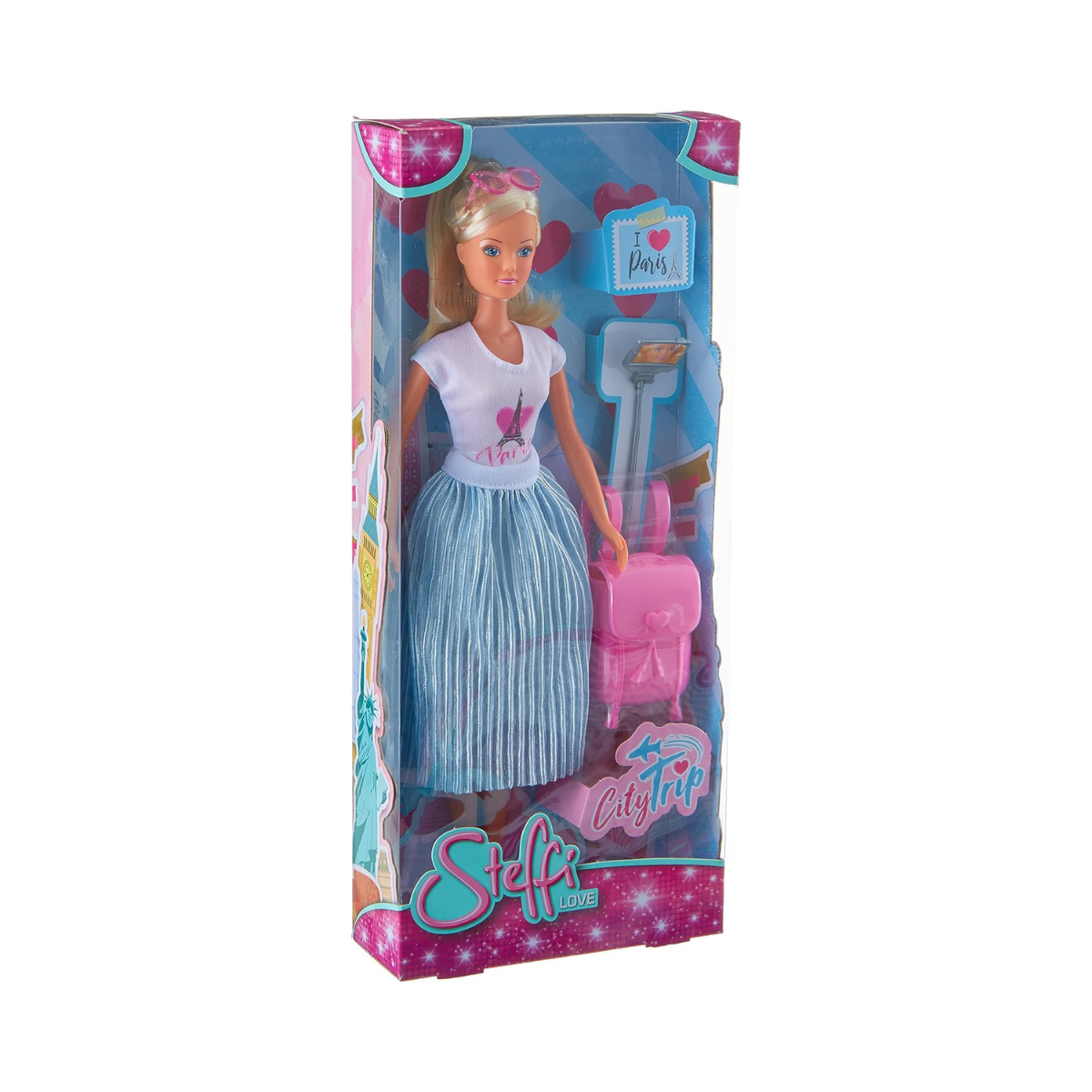 Simba Steffi Love City Trip Doll, 29 cm, Fashion Outfit with Selfie Stick & Backpack, Ages 3+