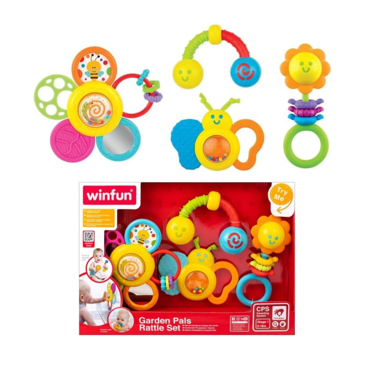 Winfun Garden Pals Rattle Set, 3-Piece Baby Rattle Pack, Garden-Themed Insect & Flower Rattles, Sensory Toy for Newborns 0M+