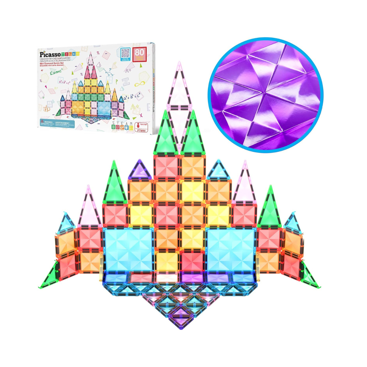 PicassoTiles 80 Piece Magnetic Building Block Mini Diamond Series – Travel Size On-The-Go STEM Construction Toy for Kids 3+