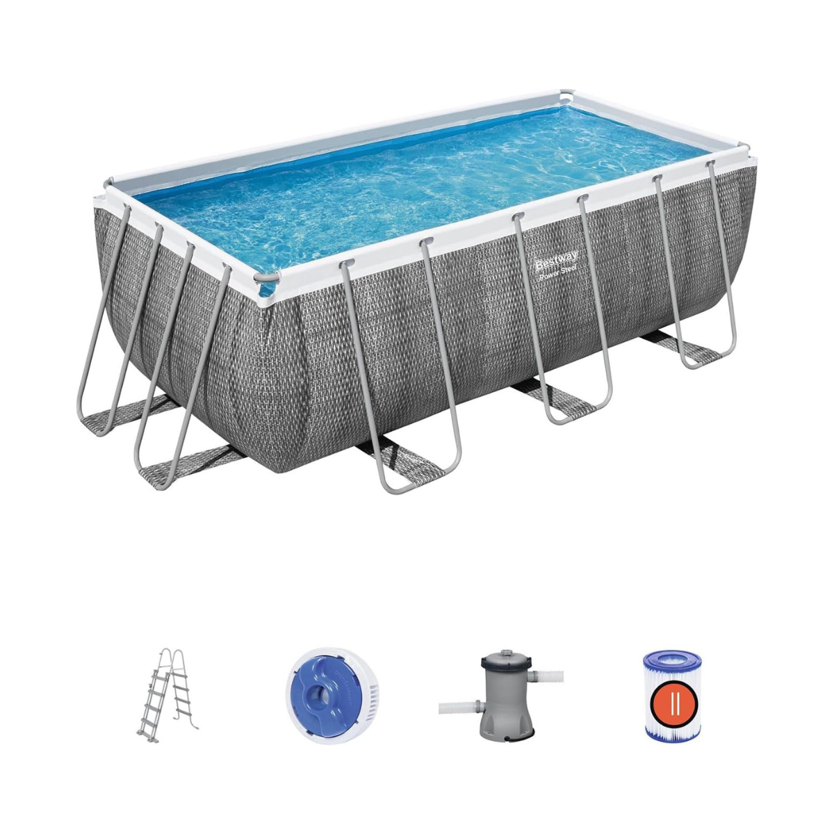 Bestway Power Steel™ Rectangular Above Ground Pool Set 13'6" x 6'7" x 48" (4.12m x 2.01m x 1.22m), Grey Rattan Design, Filter Pump & Ladder Included – Ages 18+
