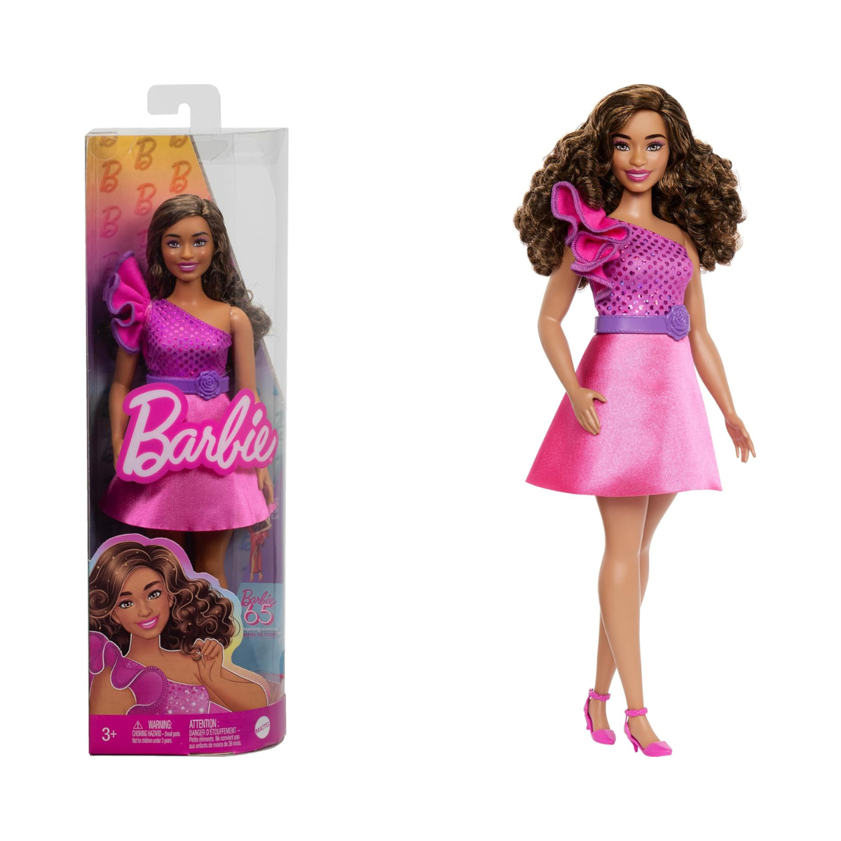 Barbie Fashionistas Doll #225, Curvy Body Type with Brown Hair, Pink Sparkly Dress & Accessories, 65th Anniversary Collectible Fashion Doll