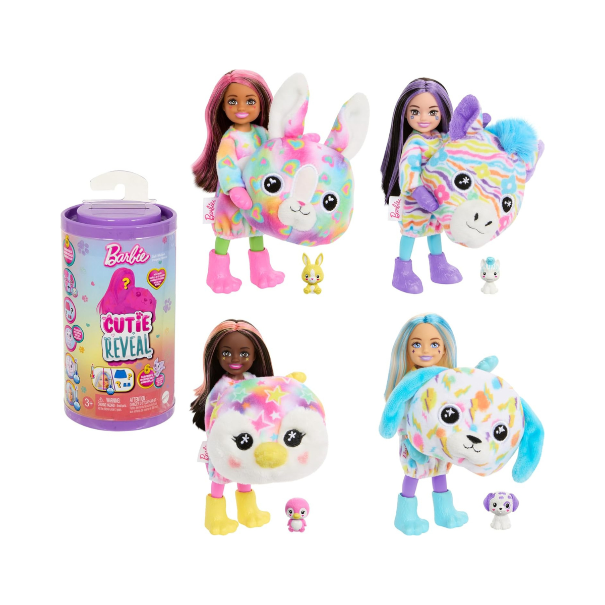 Barbie Cutie Reveal Chelsea Doll & Accessories, Color Dream Series Small Doll in Animal Plush Costume with 6 Surprises Including Color Change (Styles May Vary)