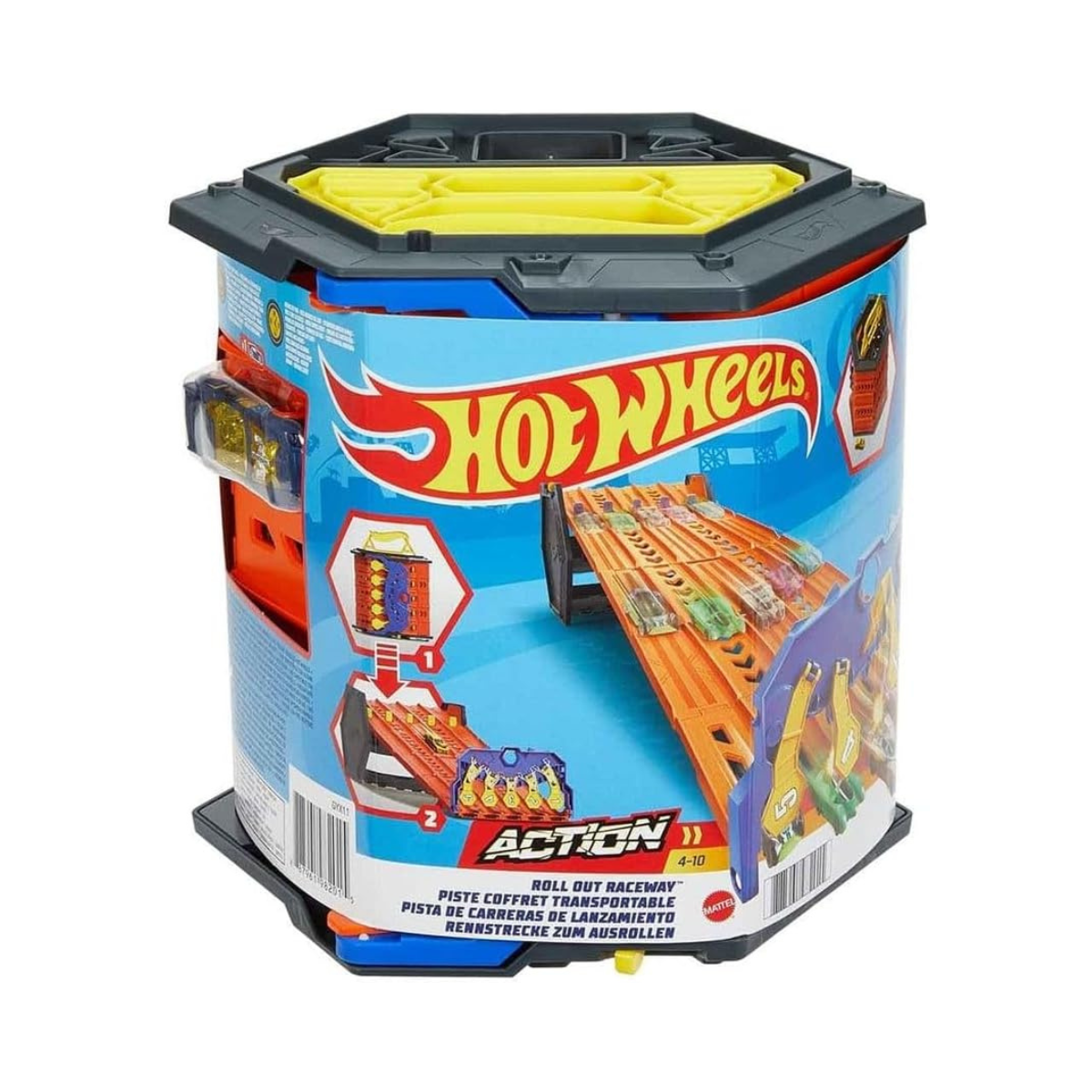 Hot Wheels Roll Out Raceway Track Set, Storage Bucket Unrolls into 5-Lane Racetrack, Includes 1 Hot Wheels Car, 4+ Years