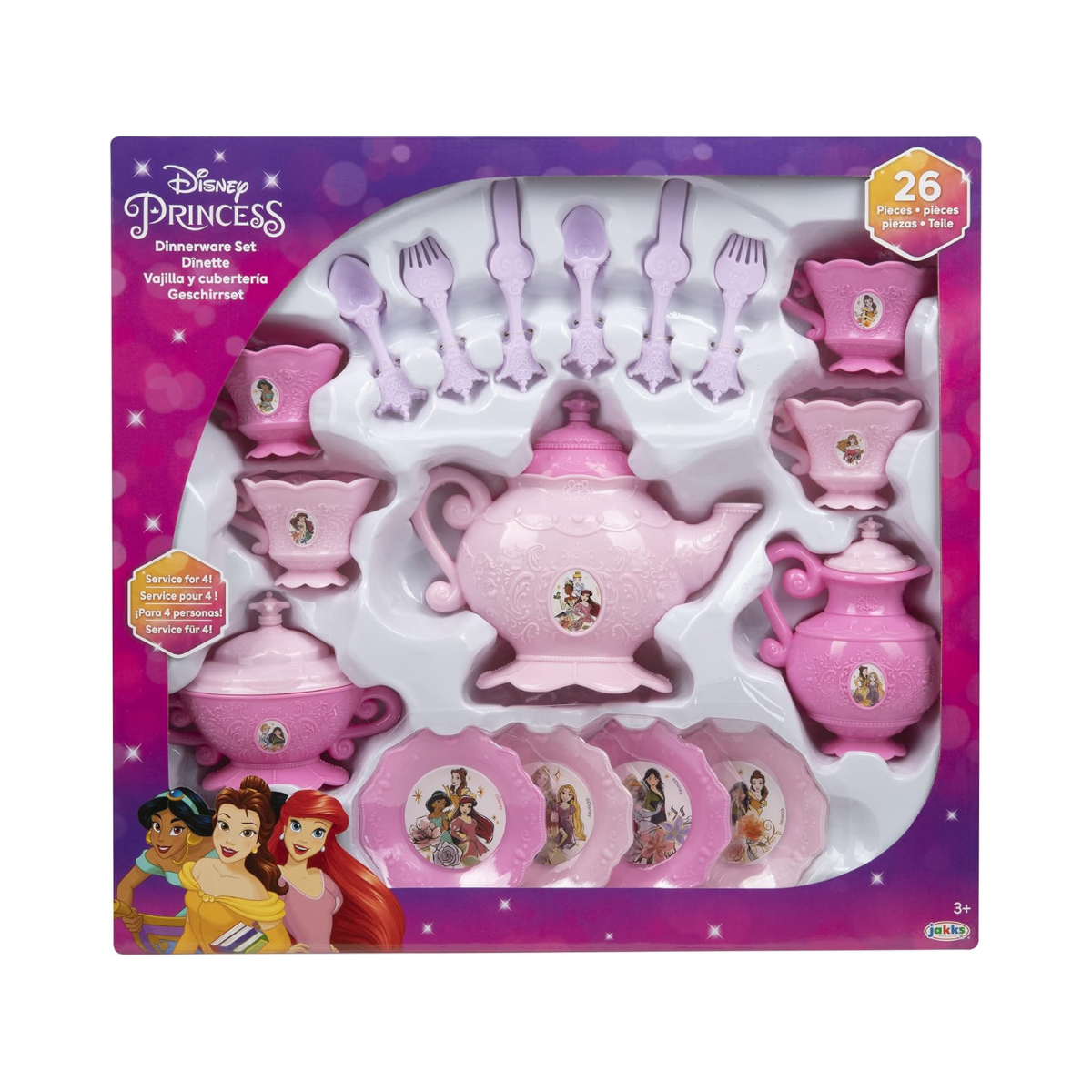 Disney Princess 26-Piece Toy Dinnerware Set, Multicolor Pretend Play Tea Set with Plates, Cups, Spoons, Forks, Knives, Teapot, Sugar Bowl and Creamer, Kids 3+