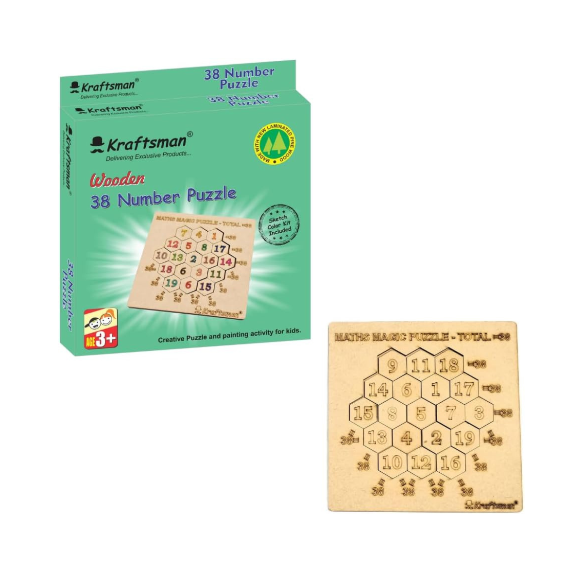 Kraftsman Wooden Number Coins Math Puzzle with Tray Base, DIY Colorable Educational Counting Game for Logical Thinking, 4+ Years