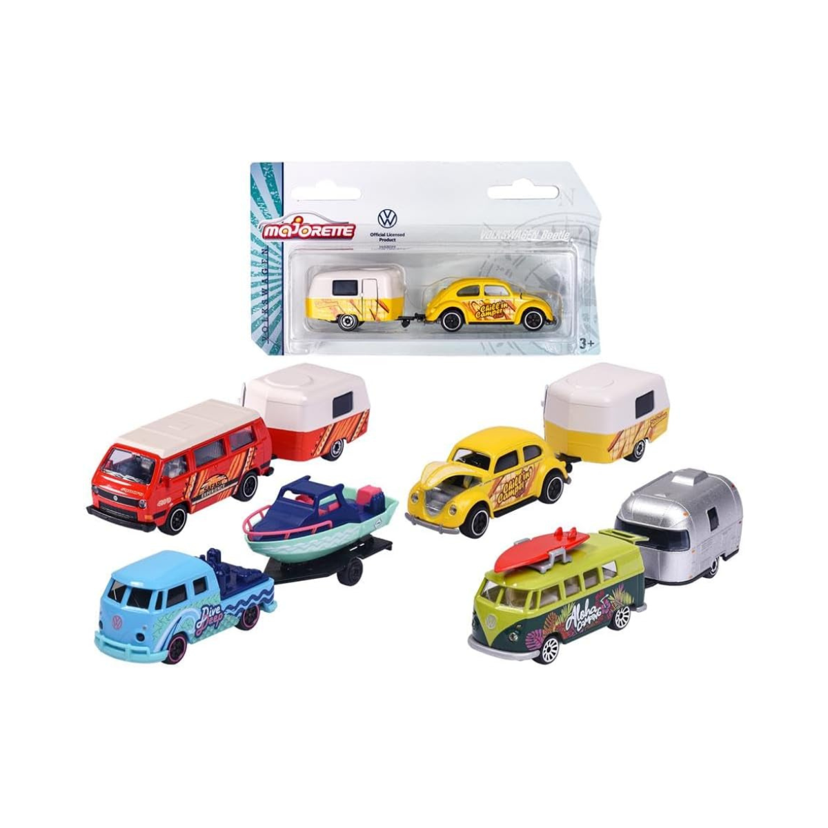 Majorette VW The Originals – Miniature Metal VW Vehicles with Trailer, 13 cm, Swivel Wheels & Moving Parts, Officially Licensed, Ages 3+
