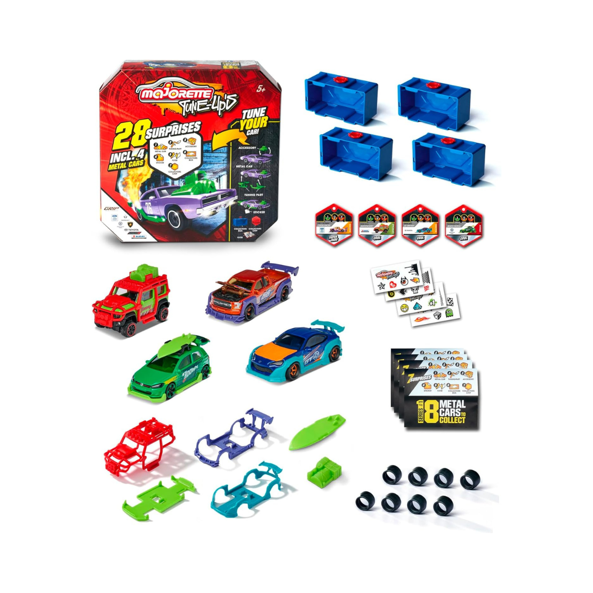 Majorette Tune Ups Series 1 – 4-Piece Metal Car Surprise Pack with 28 Tuning Accessories, Collectible Cars with Freewheel, Suspension, and Opening Parts, Ages 5+